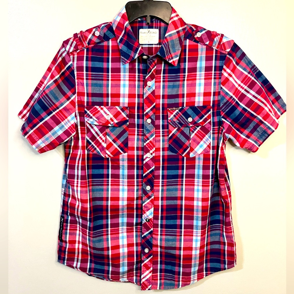 Marc Ecko Cut & Sew Button Down Shirt Men’s Small Red Blue Plaid Short Sleeve